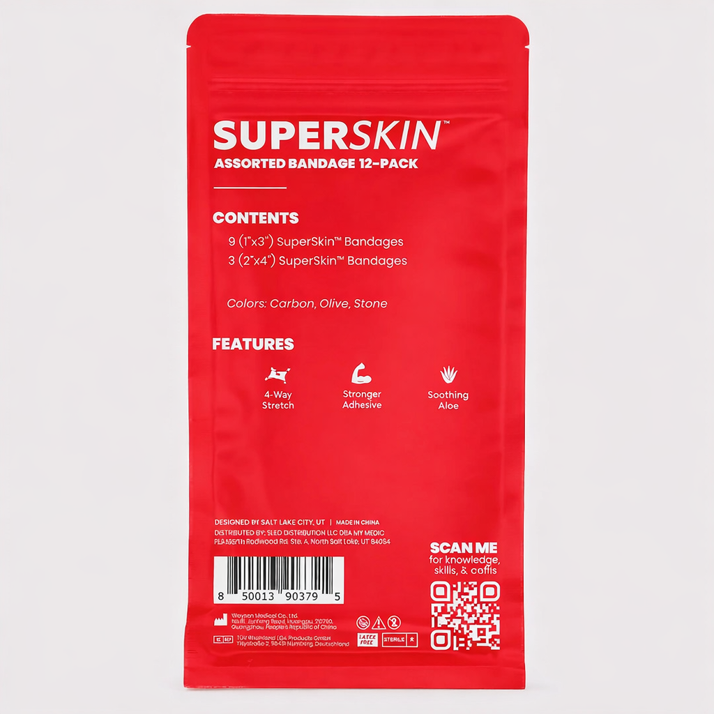 Red packaging of Superskin assorted bandage 12-pack on a white background