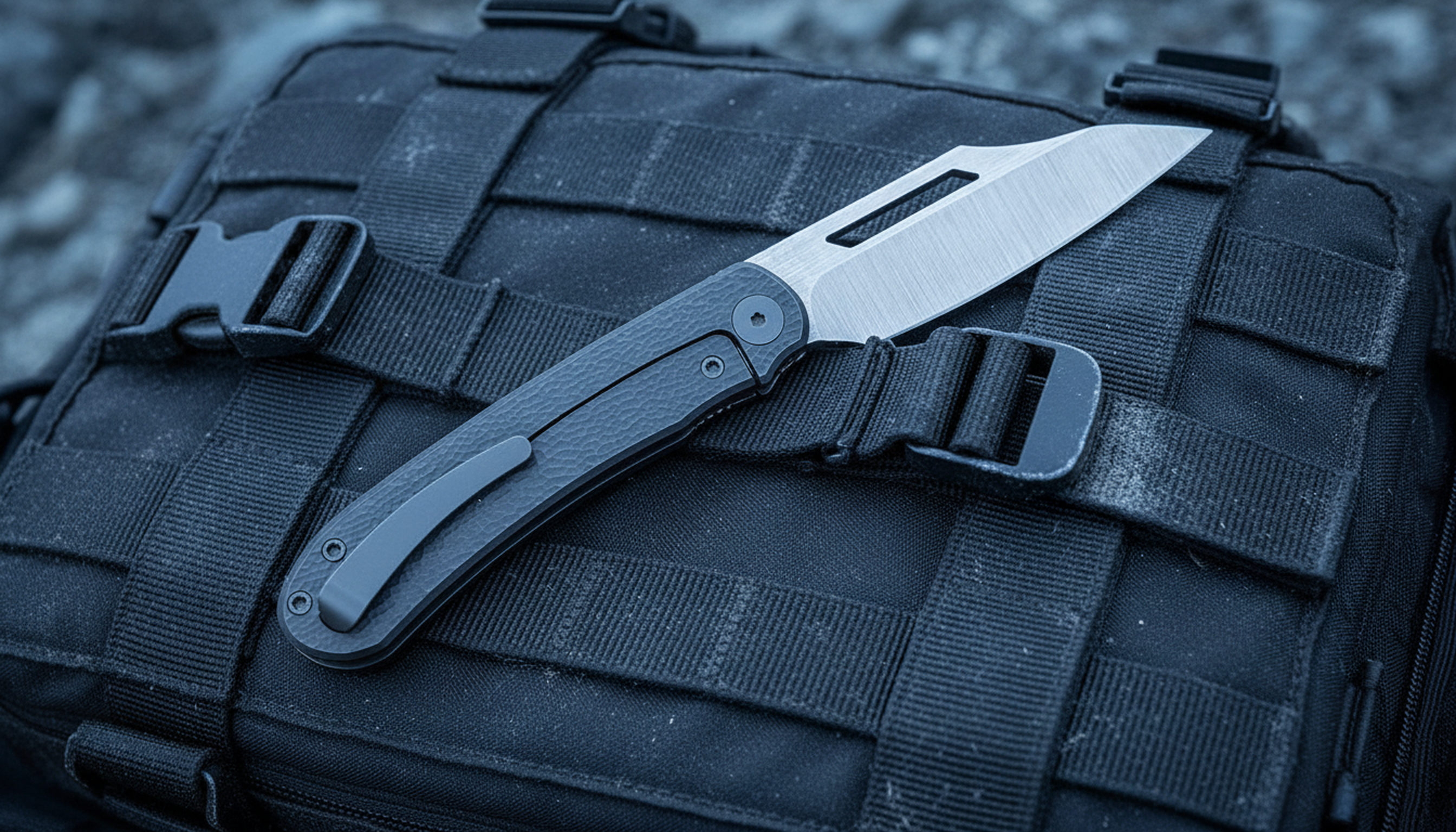 Neeve Knife Co. Misdemeanor folding knife on a tactical bag with a blurred background