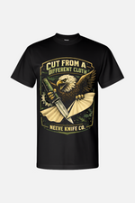Black t-shirt featuring a vintage-style graphic of an eagle clutching a knife and a torn piece of cloth, with the text “Cut From a Different Cloth” above and “Neeve Knife Co.” below.