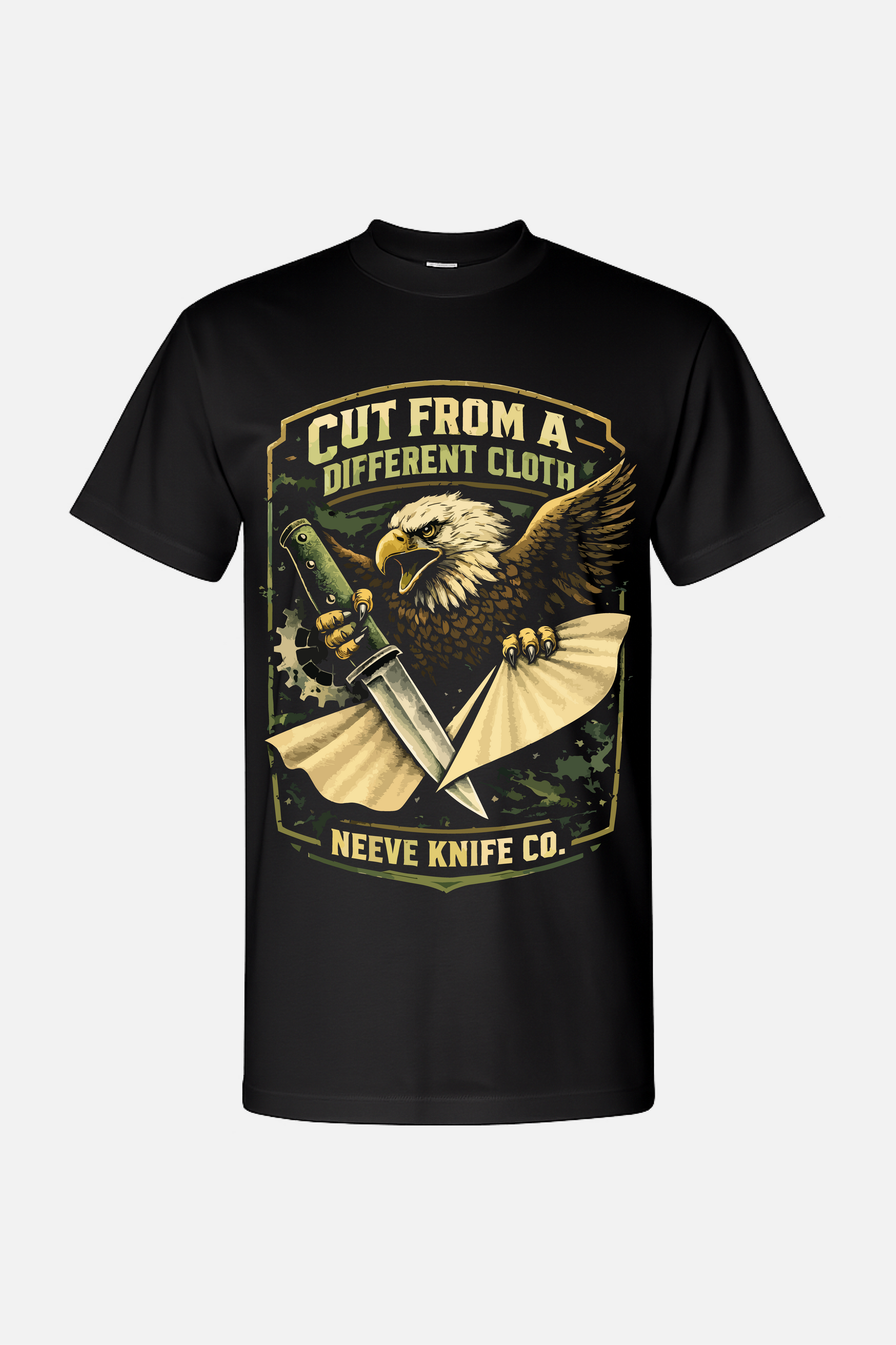 Black t-shirt featuring a vintage-style graphic of an eagle clutching a knife and a torn piece of cloth, with the text “Cut From a Different Cloth” above and “Neeve Knife Co.” below.