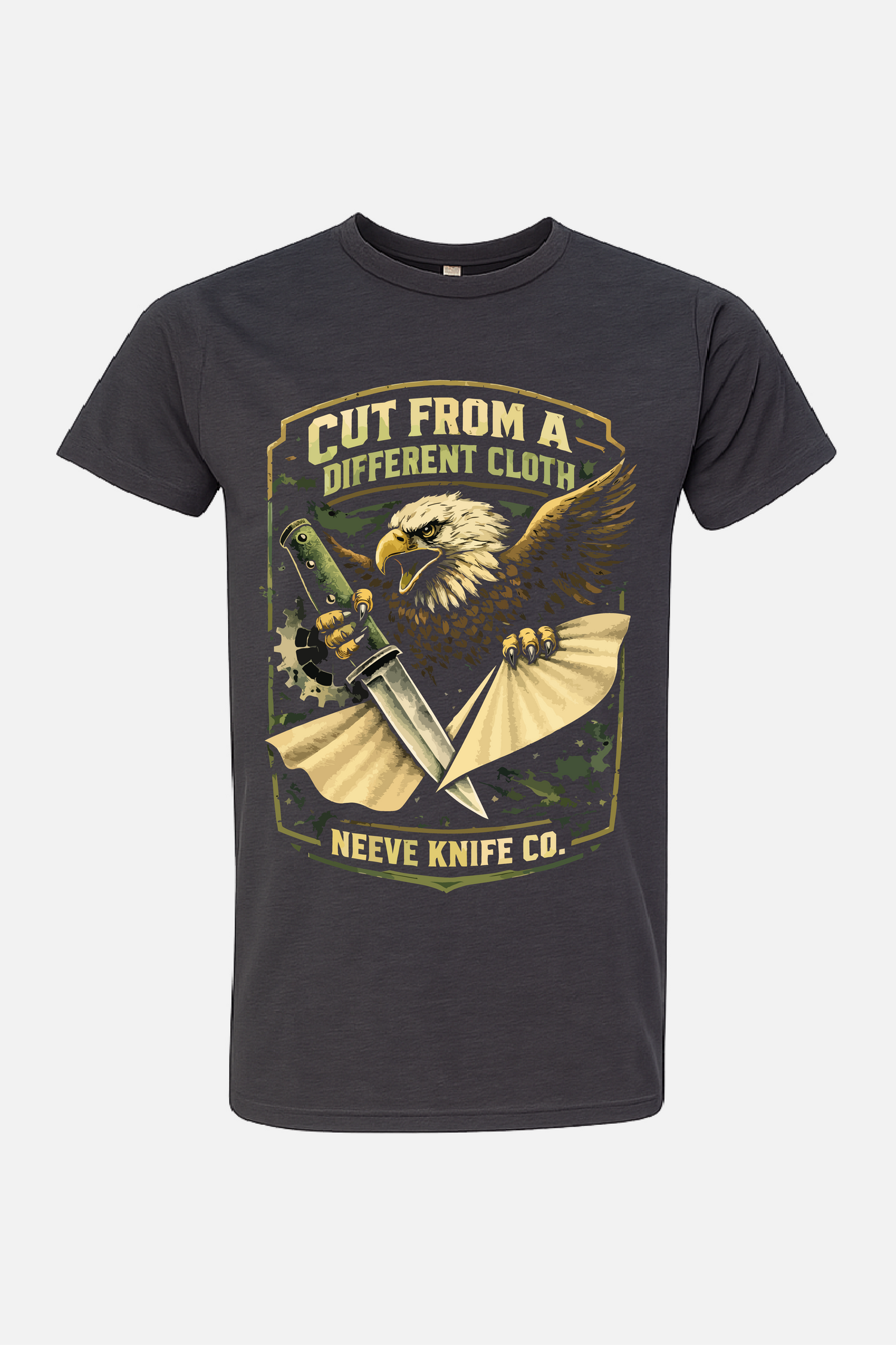 Gray t-shirt featuring a vintage-style graphic of an eagle clutching a knife and a torn piece of cloth, with the text “Cut From a Different Cloth” above and “Neeve Knife Co.” below.