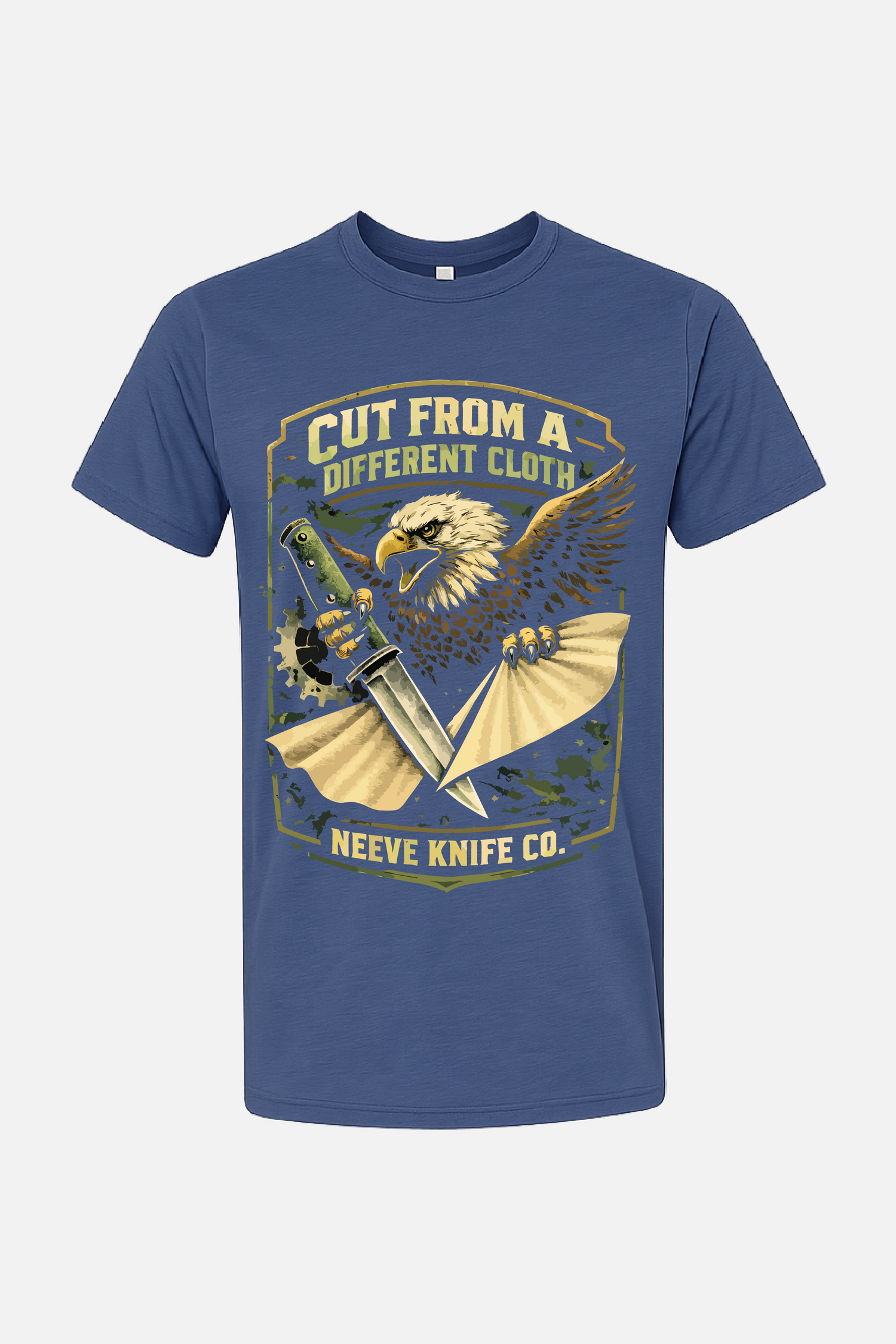 Blue t-shirt featuring a vintage-style graphic of an eagle clutching a knife and a torn piece of cloth, with the text “Cut From a Different Cloth” above and “Neeve Knife Co.” below.