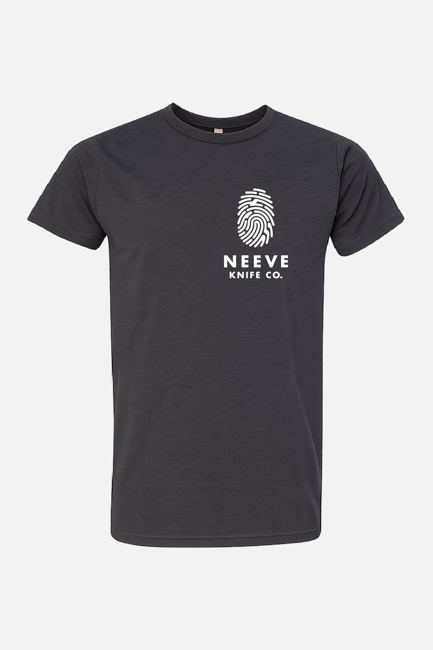 Black t-shirt featuring a white fingerprint graphic with “Neeve Knife Co.” printed beneath.