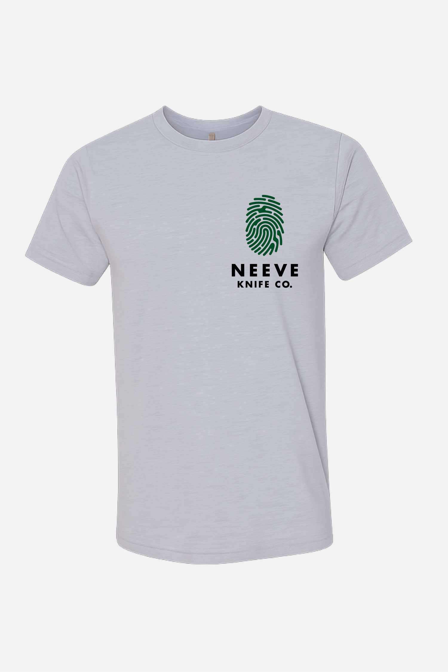 White t-shirt featuring a small chest graphic of a green fingerprint with “Neeve Knife Co.” printed beneath.