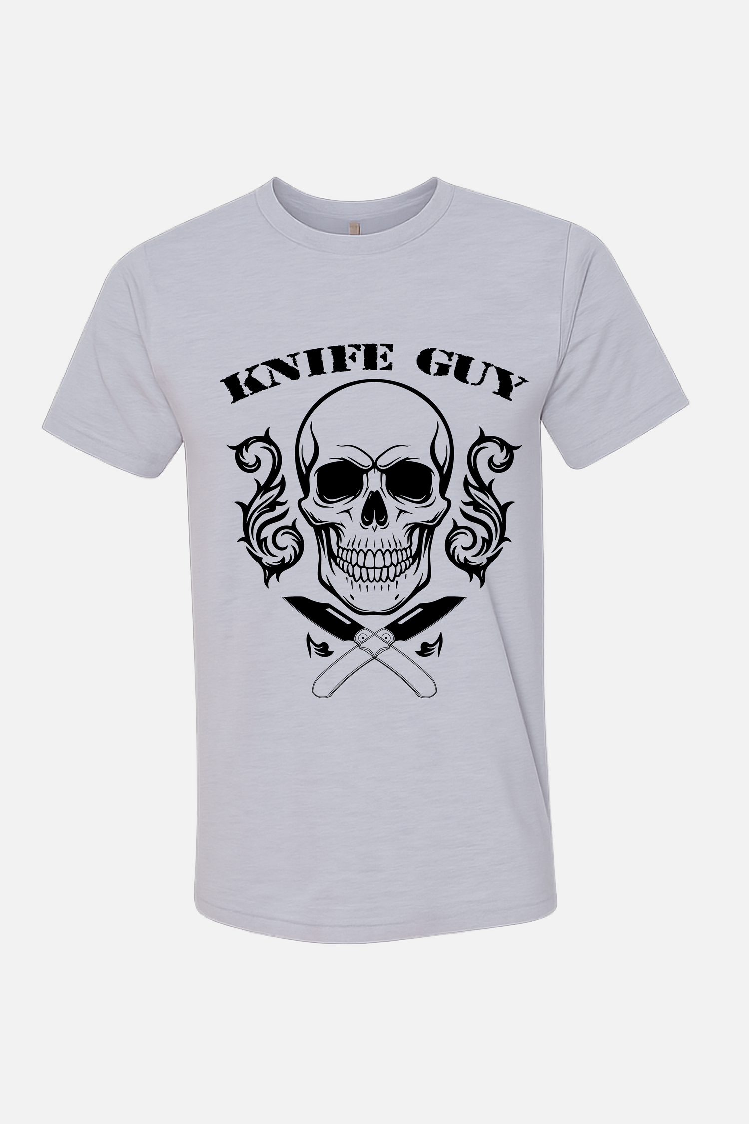 White t-shirt featuring a black graphic of a skull with ornate flourishes, crossed knives beneath it, and the words “Knife Guy” printed above.
