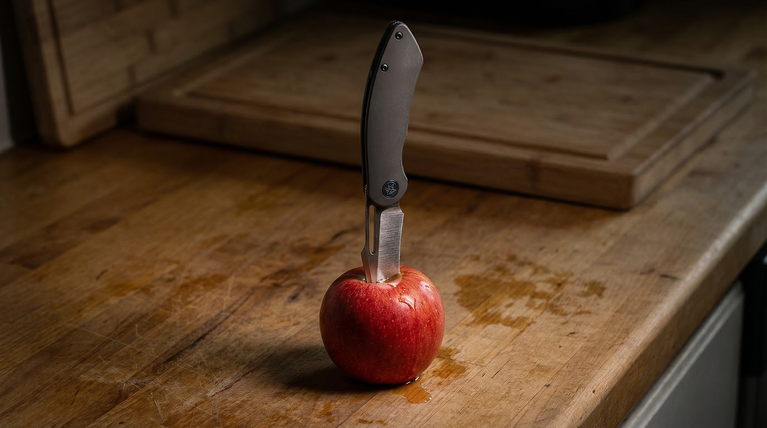 Neeve Knife Co. Offender stuck in an apple on a wooden surface