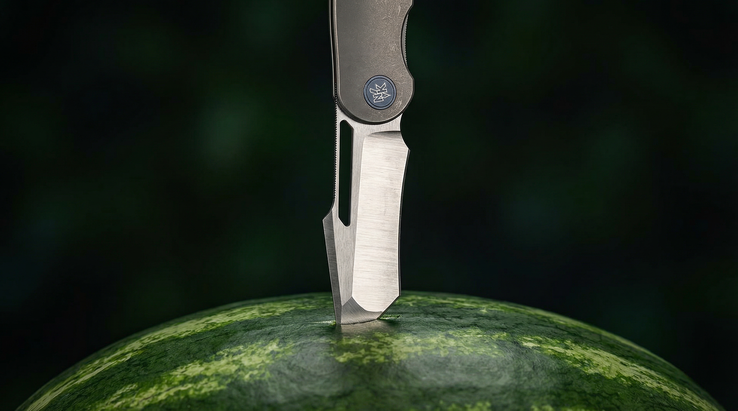 Neeve Knife Co. Offender stabbing a watermelon with a dark background