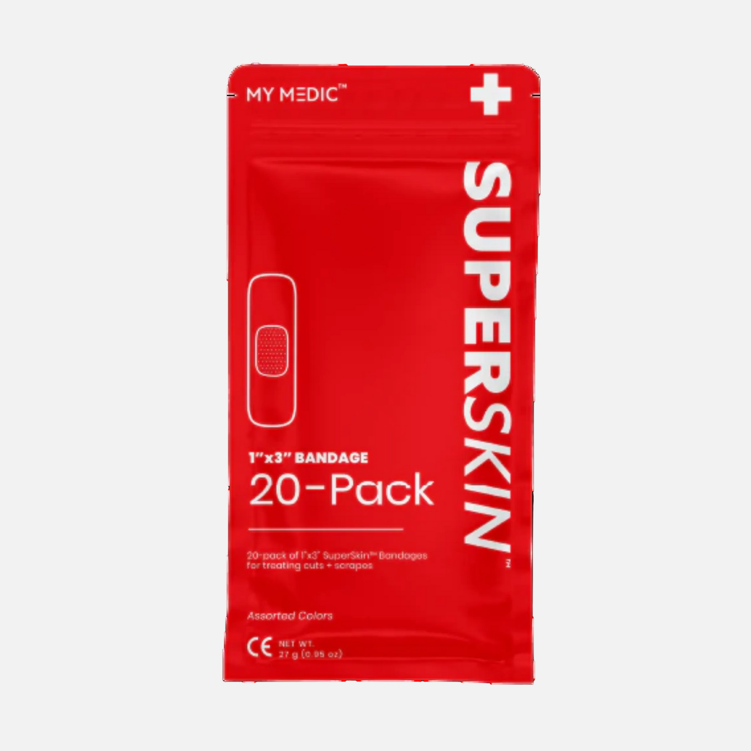 Red packaging of SuperSkin bandages with 'My Medic' branding on a white background