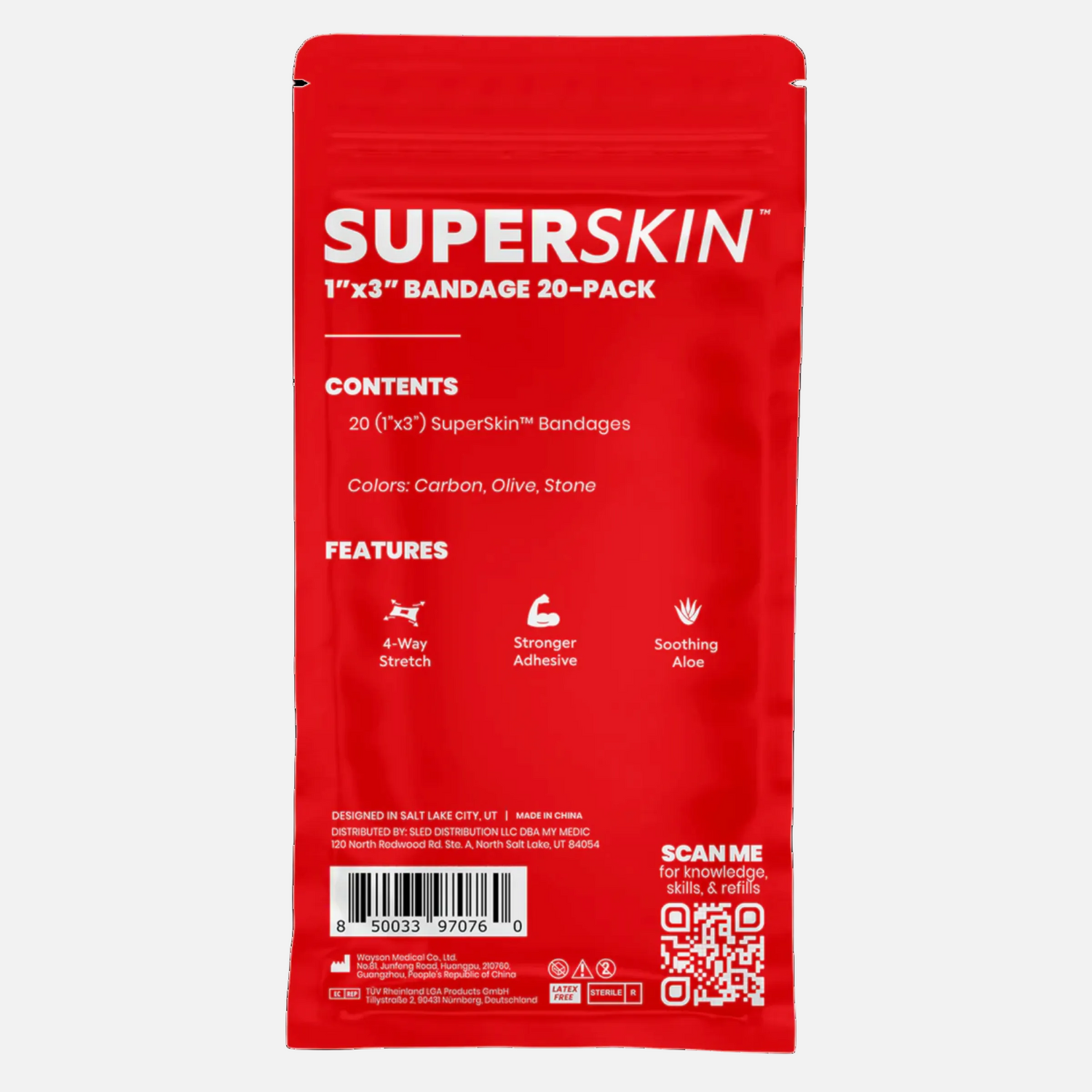 Red packaging of Superskin bandages on a white background