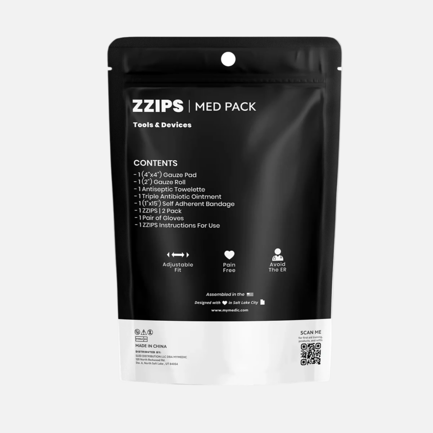 ZZIPS MED PACK packaging with black and white design on a white background, rear view